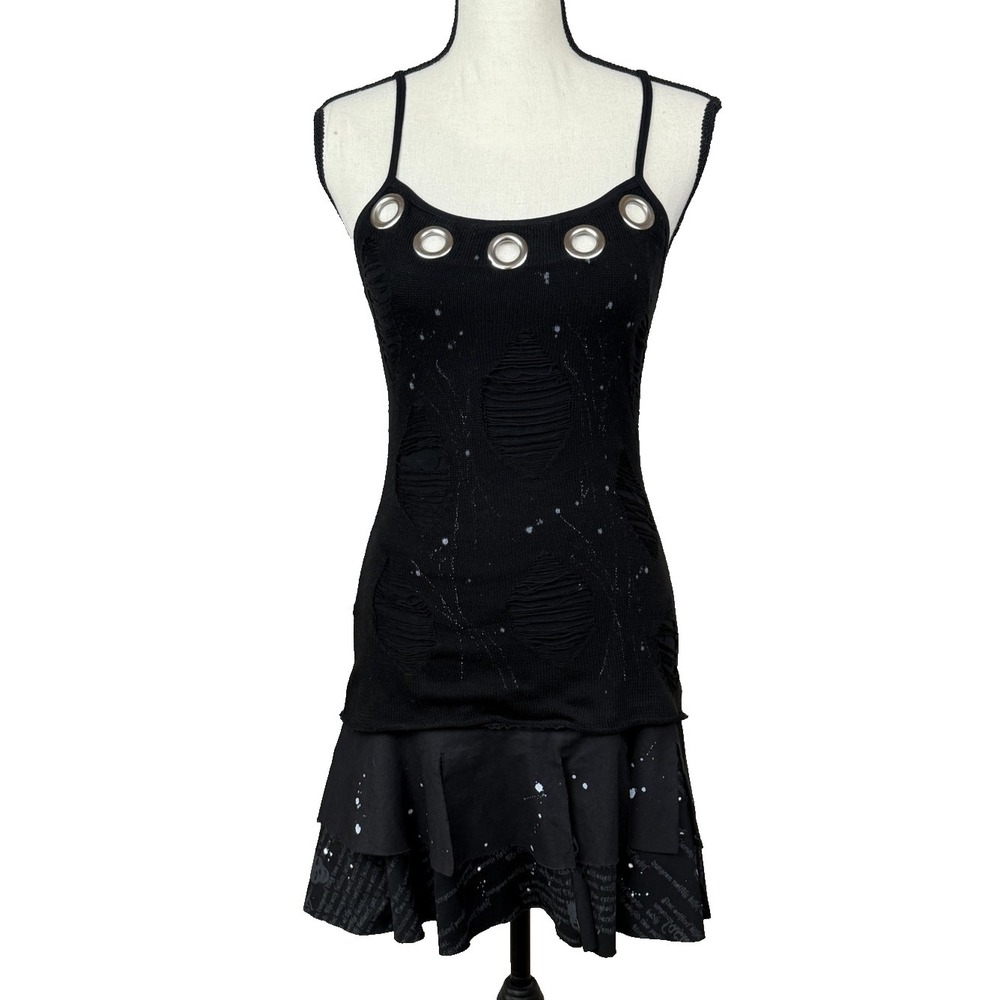 Vtg Lip Service Slip Dress Womens XS Black Mini Grommet Shredded Punk Goth Y2K